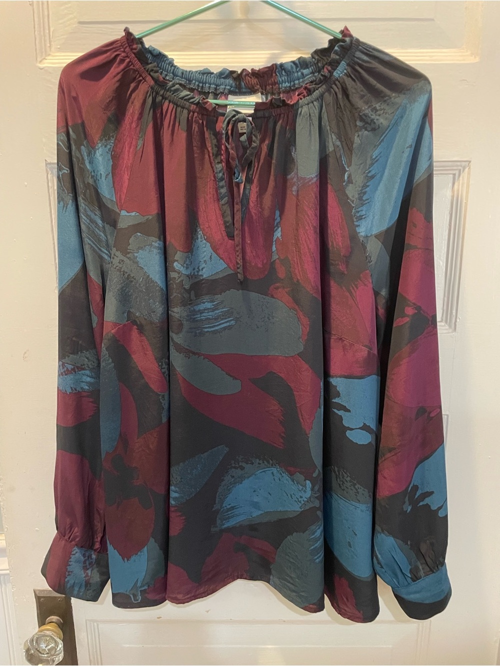 Ava &Viv Long Sleeve Printed Peasant Blouse, Blue & Burgundy, 1XL